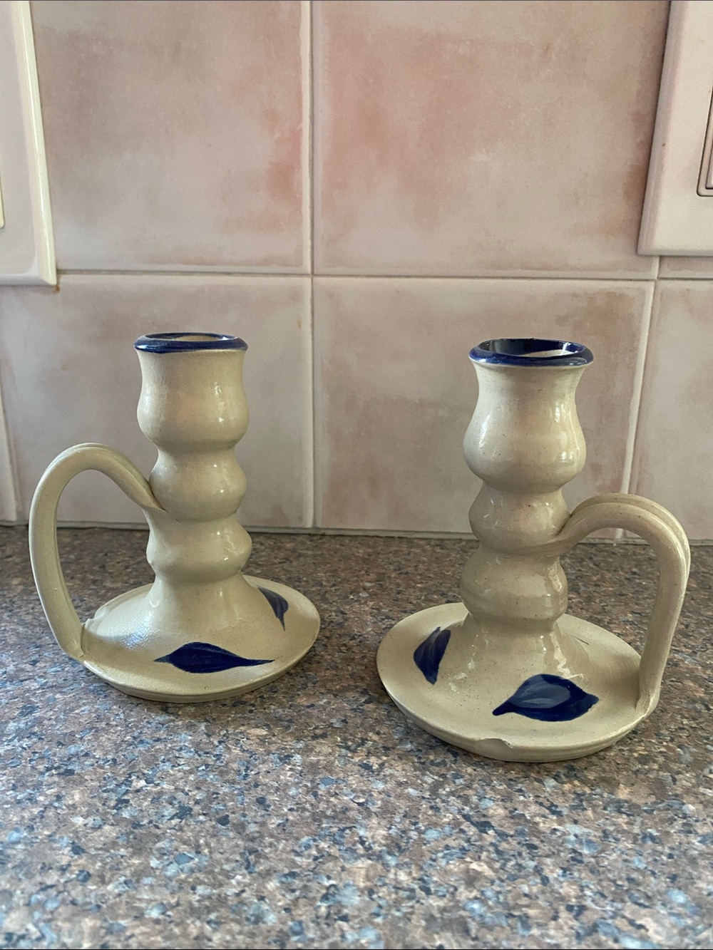 Vintage Williamsburg Pottery Beige Candlestick Holders w/Blue Leaf Pattern